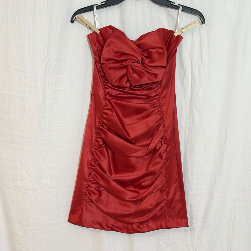 VTG  Jessica McClintock for Gunne Sax Red Satin Bow Strapless Cocktail Party sz3